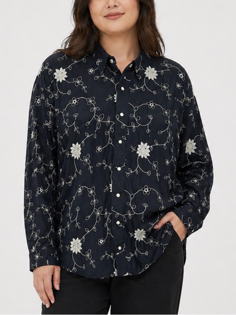 Panhandle B&D Women’s Blouse XXL Western Black White Floral Embroidery Snap